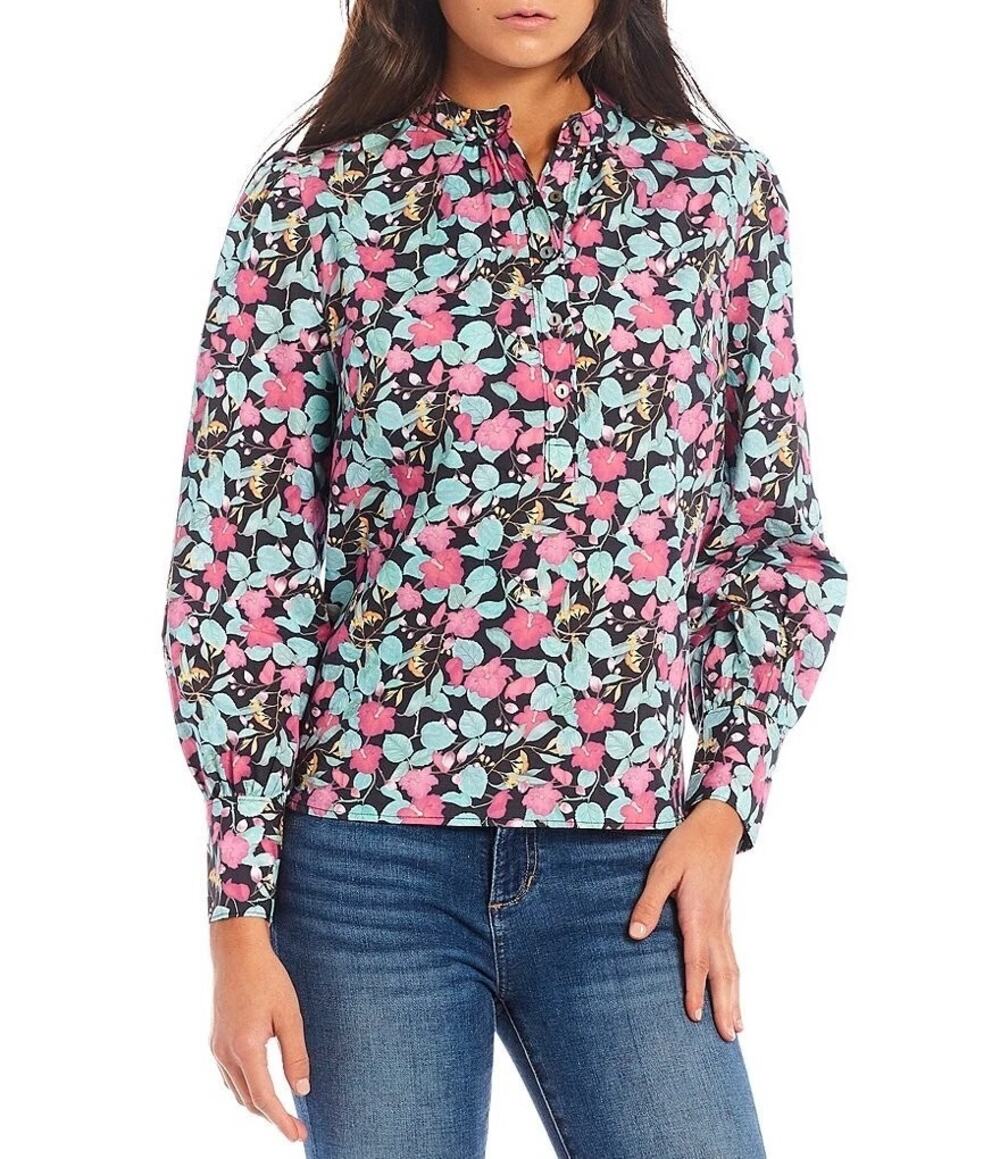 Roller Rabbit Manusa Glenda Colorful Floral Long Sleeve Cotton Popover Top - Picture 1 of 14